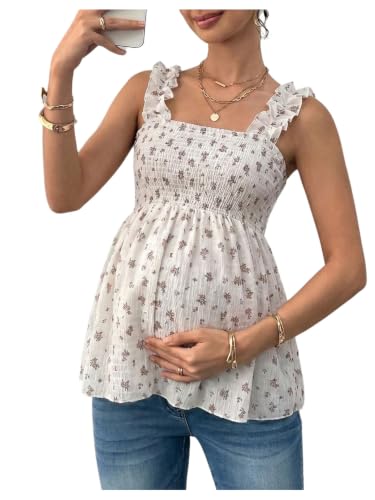 SweatyRocks Women's Maternity Tank Tops Floral Babydoll Blouse Shirts Top - color: Apricot, size: Small