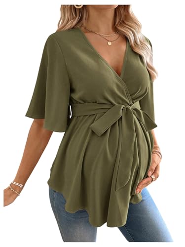 MakeMeChic Women's Maternity Nursing Blouse Wrap Belted Pregnancy Shirt - color: Dark Green, size: Medium
