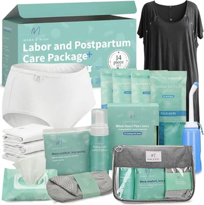 Mama & Wish Postpartum Essentials Kit, 14-Piece | Labor & Delivery Gown - size: 14 Pieces (Postpartum Kit)