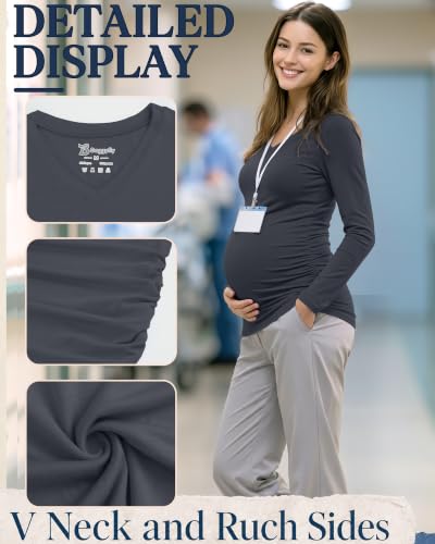 3 Pack Women Maternity Shirts Scrub Tops Side Ruched - color: Black, Dark Gray, Light Heather Gray, size: Small