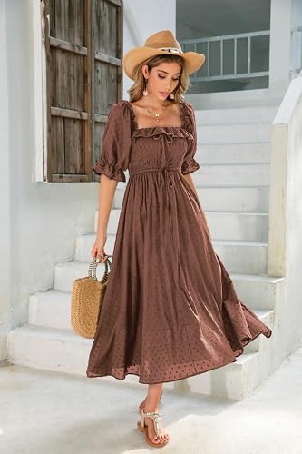 R.Vivimos Women Summer Cotton A Line Flowy Long Dresses - color: Brown#2, size: Medium
