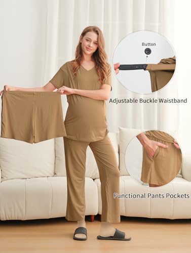 DANSHOW Maternity Nursing Pajama Set Postpartum Lounge PJS - color: Brown, size: X-Large