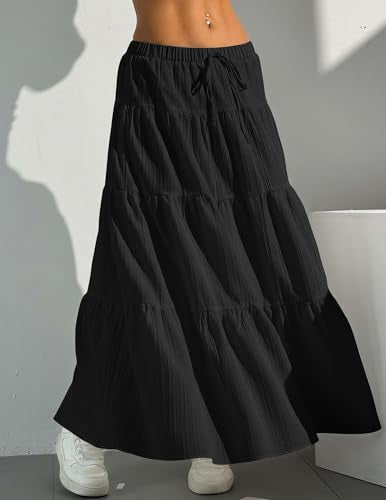 DERAX Womens Maxi Skirt Boho Flowy Ruffle Elastic Waist Long Skirts - color: Black, size: Large