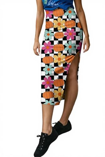 EARKOHA Womens Checkered Slit Midi Skirt Summer Fall Bodycon Long Skirts - color: Floral Pumpkin, size: Large