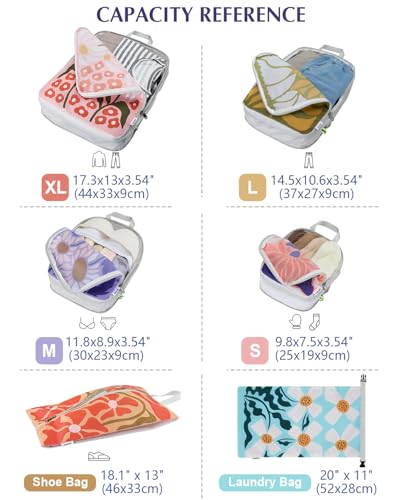 Gonex 6-Piece Compression Packing Cubes with Shoe & Laundry Bags - color: Flowers, size: 6 Set