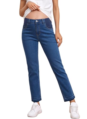 BLENCOT Women Maternity Pants High Waisted Straight Leg Ankle Jeans - color: Navy Blue, size: Medium