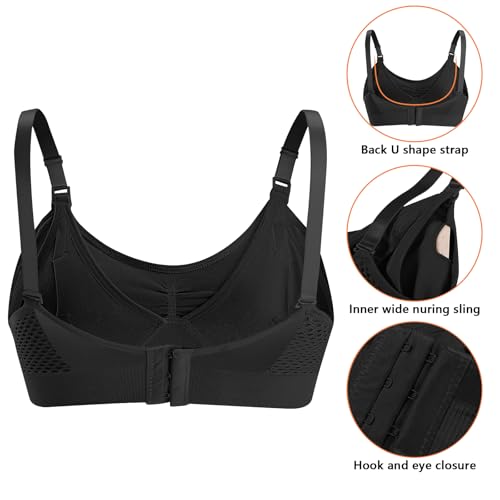 4HOW Pumping Bra Hands Free Nursing Pumping Bra All in One Wireless Padded Maternity Bralette for Large Bust - color: Black+black, size: Large