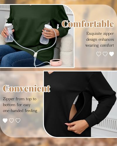 3 Pack Women's Waffle Knit Long Sleeve Nursing Tops - color: Coffee, Army Green, Black, size: X-Large
