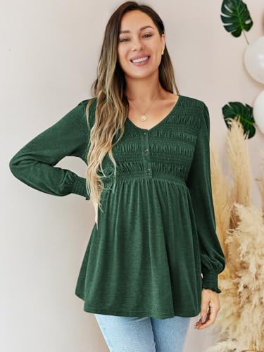 FMEYOA Maternity Tops V Neck Puff Sleeve Smocked Button Maternity Shirts - color: Dark Green, size: Large