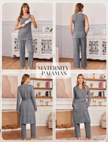 Maternity Sets Labor and Delivery Gown Postpartum Essentials Nursing Pajama - color: Grey, size: X-Large