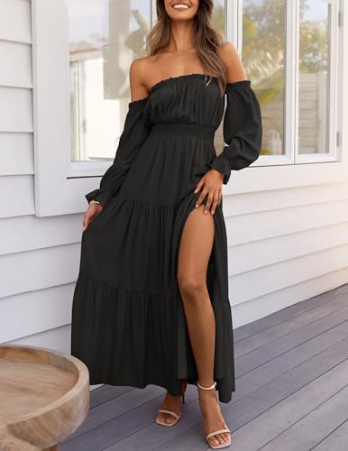 ZESICA Womens Fall Long Sleeve Boho Off Shoulder Maxi Dresses - color: Dark Black, size: XX-Large