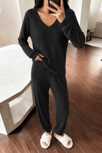 Ekouaer Lounge Sets for Women Long Sleeve Ribbed Knit Pajama Set - color: Black, size: Medium