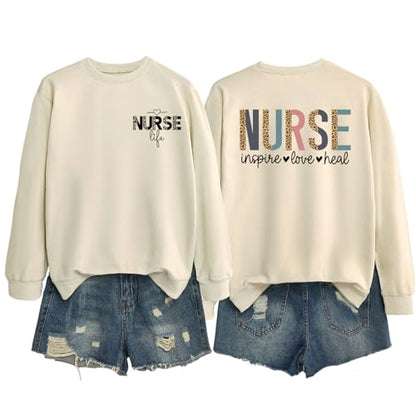 Nurse Sweatshirts for Women Nurse Inspire Love Heal Inspirational Pullovers - color: Khaki, size: Medium