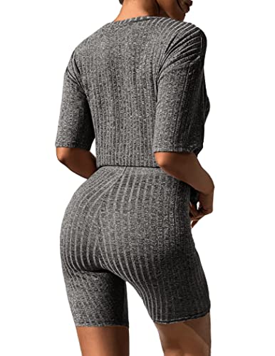 Ekouaer Women 2 Piece Lounge Sets Ribbed Knit Oversized Shirt Biker Shorts - color: Black Grey, size: Small