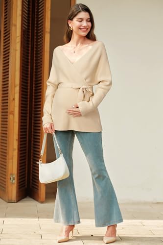 OUGES Womens Soft Cotton Blend Maternity Sweater Wrap V Neck Long Sleeve V Back Fall Shirts Pregnancy Outfits with Belt - color: Apricot, size: Small