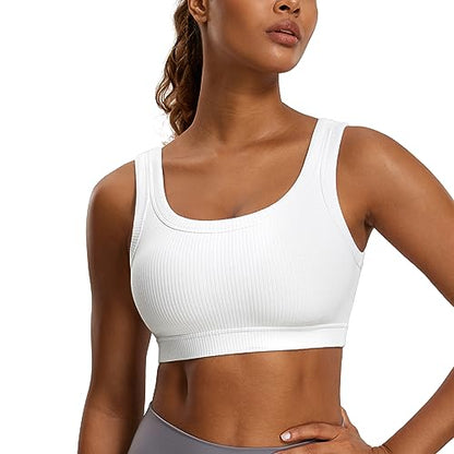 CRZ YOGA Ribbed U Neck Sports Bras - color: White, size: Medium
