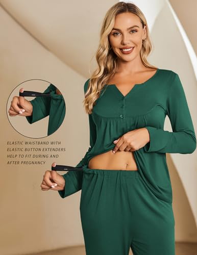 Ekouaer Maternity Nursing Pajama Set Long Sleeve Postpartum Pjs Mom Clothes - color: Green, size: Medium