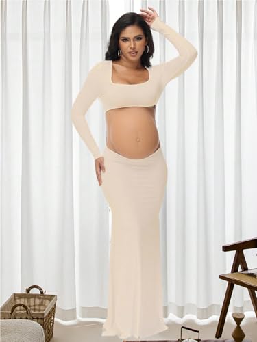 Women's Maternity Elegant Fitted Maxi Dress for Photoshoot - color: Beige, size: Medium