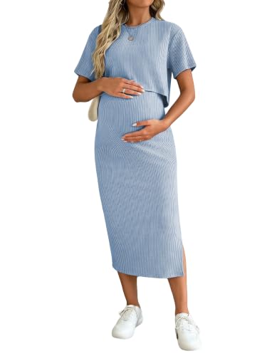 SHENHE Women's Maternity Ribbed 2 Piece Outfits Crop Top Bodycon Midi Skirt - color: Blue, size: Medium