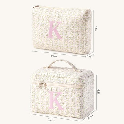 HBselect 2Pcs Initial Makeup Bag Personalized Quilted Cosmetic Bag - color: 2Pcs Pinkflower, style: K