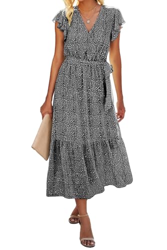 BTFBM Women Summer Casual Wrap V Neck Ruffle Cap Sleeve Belted Midi Dress - color: Black, size: Medium