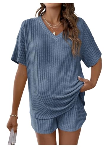 MakeMeChic Women's Maternity 2 Piece Sets Ribbed Shirt and Biker Shorts - color: Blue, size: X-Large