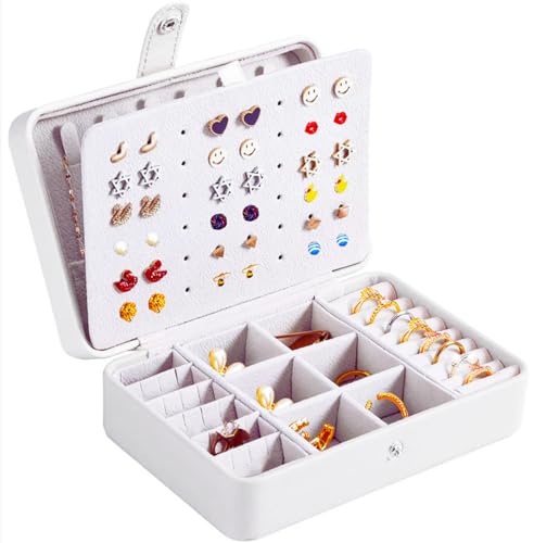 QBestry All-in-One Travel Jewelry Organizer for Women White | Small Jewelry Box with 68 Earring Holes | Compact Portable Jewelry Case for Earrings, Rings, Necklaces | Perfect Gifts for Mom Wife Girls - color: White, size: Small