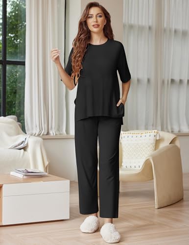 Ekouaer Lounge Sets for Women Soft Comfy Pajama Set 2 Piece Outfits - color: Black, size: XX-Large