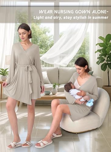 Rnxrbb 3 PCS Nursing Pajamas Robe Set Maternity Postpartum Pjs for Hospital - color: Beige, size: Large