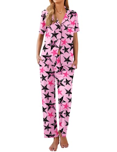 Ekouaer Womens Pajamas Set Short Sleeve Button Down Top & Pants Lounge Pjs - color: Five-pointed Star, size: Small