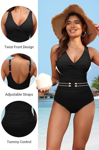 Women's Tummy Control One Piece Swimsuit Push Up Full Coverage Bathing Suit - color: Black, size: XX-Large