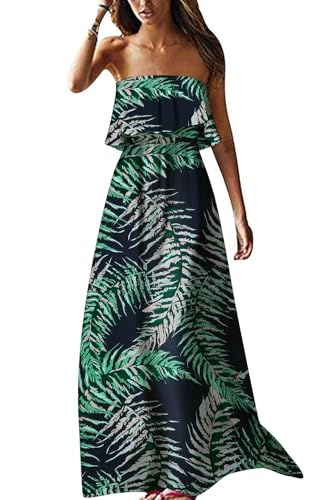 ZMPSIISA Womens Summer Off Shoulder Maxi Dress Strapless Boho Long Dresses - color: A-leaves Navy, size: Large