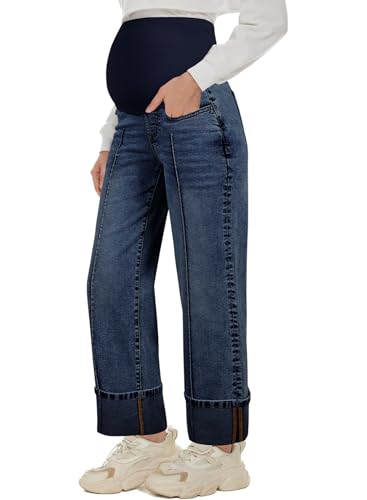 BLENCOT Maternity Jeans Over Belly Straight Leg Denim Pants with Pockets - color: Dirty Blue, size: Medium