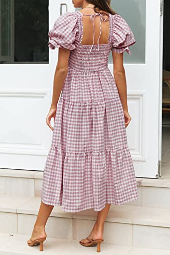 ZESICA Women's Summer Boho Gingham Puff Sleeve Square Neck Beach Midi Dress - color: Taro, size: Large