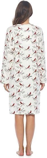 Casual Nights Women's Flannel Floral Long Sleeve Nightgown - color: White Snow Bird, size: Medium