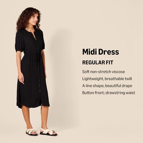 Amazon Essentials Women's Relaxed Fit Half-Sleeve Breathable Button Front Drawstring Waist Midi A-Line Dress with Pockets - color: French Blue/White Stripe, size: Medium
