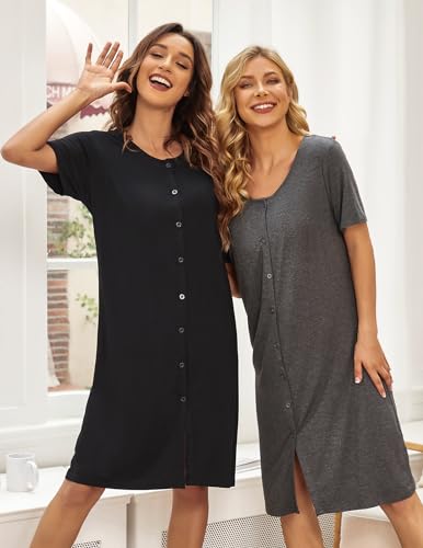 Ekouaer 3 Pack Women's Button Down Nightgowns Short Sleeve Night Shirts - color: Black,gray,blue Green, size: Medium