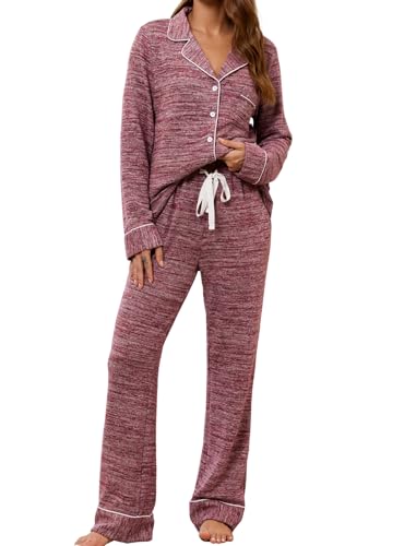 Leikar Button Up Pajama Set For Women Long Sleeve Shirt And Pajama Pants Soft Pjs Lounge Sets - color: A-thickened Red, size: Medium