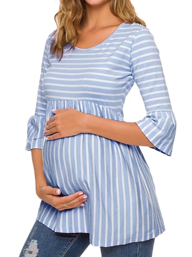 Ecavus Women's Maternity Shirt Striped Peplum 3/4 Sleeve Maternity Top - color: 01-sky Blue White Stripe, size: Medium