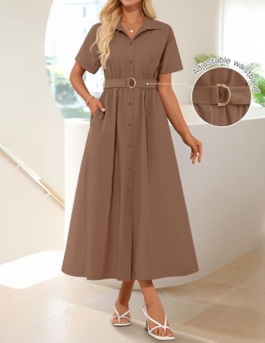 ZESICA Women's Summer Button Down Short Sleeve Midi Dress - color: Coffee, size: Small