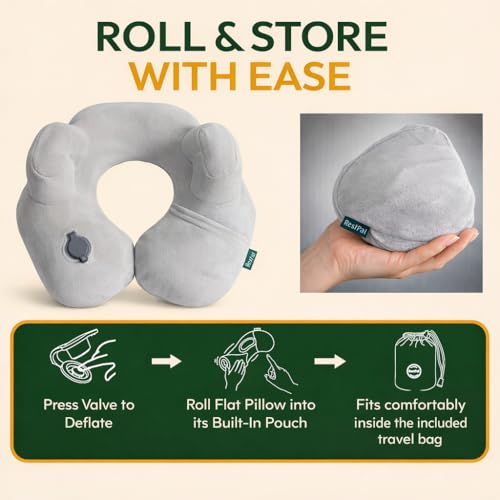 Inflatable Travel Neck Pillow with Adjustable Memory Foam Sides | Lightweight, Soft & Portable Support (Light Gray, Standard) - color: Light Gray