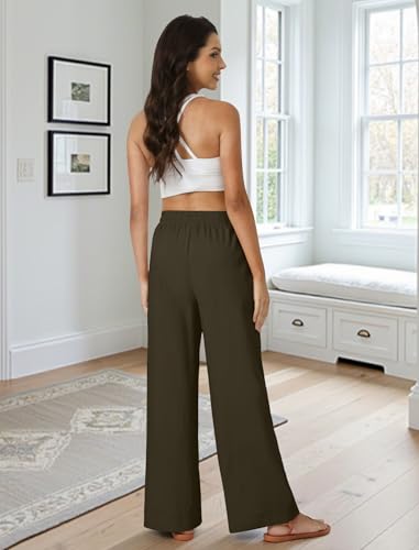 FireSwan Linen Pants Women Drawstring Elastic Waist Wide Leg Palazzo Pants - color: Brown, size: X-Large