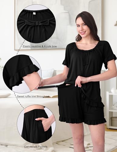 SUNNYBUY 3 PCS Ruffle Nursing Pajamas Set with Bow, Maternity Sleepwear - color: Black, size: Medium