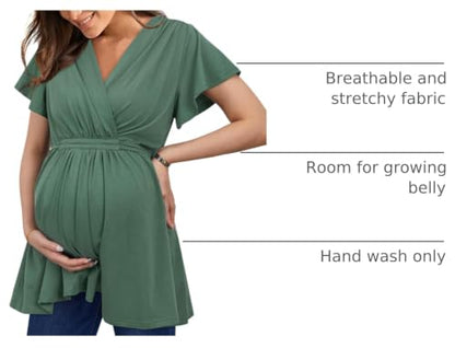 OUGES Women's Wrap Tie Back Short Sleeve Summer Maternity Nursing Tops 2026 - color: Olive Green, size: Small