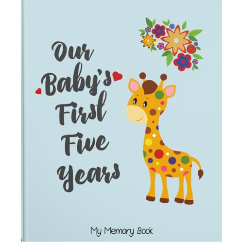 Novarena First 5 Years Baby Memory Book Journal Scrapbook 48 Pack Monthly Milestones Stickers & Clean-Touch Baby Safe Ink Pad - color: Giraffe and Jungle Theme for Boys