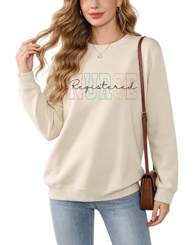 Registered Nurse Sweatshirt Women RN Nurse Long Sleeve Graphic Shirts - color: Beige, size: X-Large