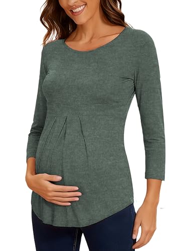 Glampunch Maternity Tops, Front Pleat Peplum Tunic Top Pregnancy Shirts - color: B2 Hunter Green, size: Medium