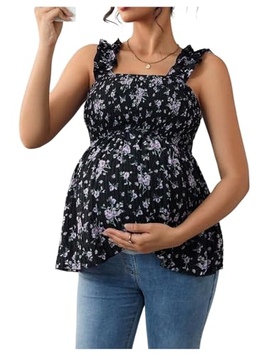 SweatyRocks Women's Maternity Tank Tops Floral Babydoll Blouse Shirts Top - color: Black, size: X-Large