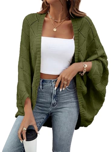 Sidefeel Women's Crochet Oversized Cardigan Sweaters Spring Hollow Out Long Batwing Sleeve Summer Shrugs Lightweight Sweater - color: Green, size: Small