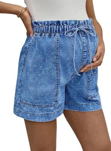 BLENCOT Maternity Jeans Shorts High Rise Stretchy Drawstring Postpartum - color: Dusk Blue, size: Small